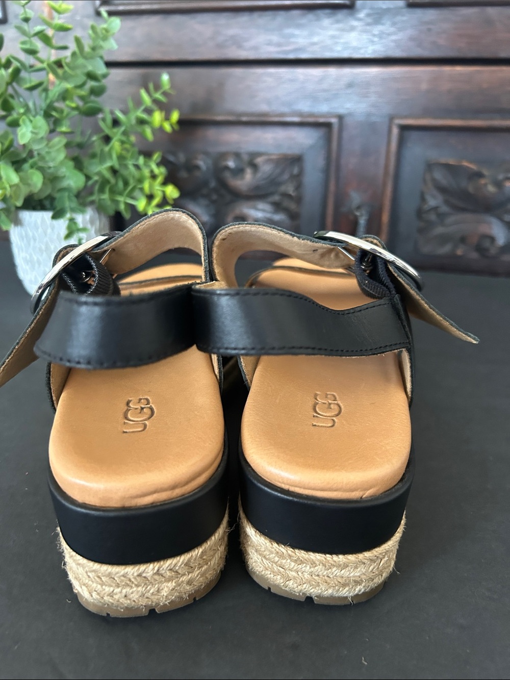 UGG Black Leather Platform Espadrille Sandals with Silver Buckle - Picture 5 of 15